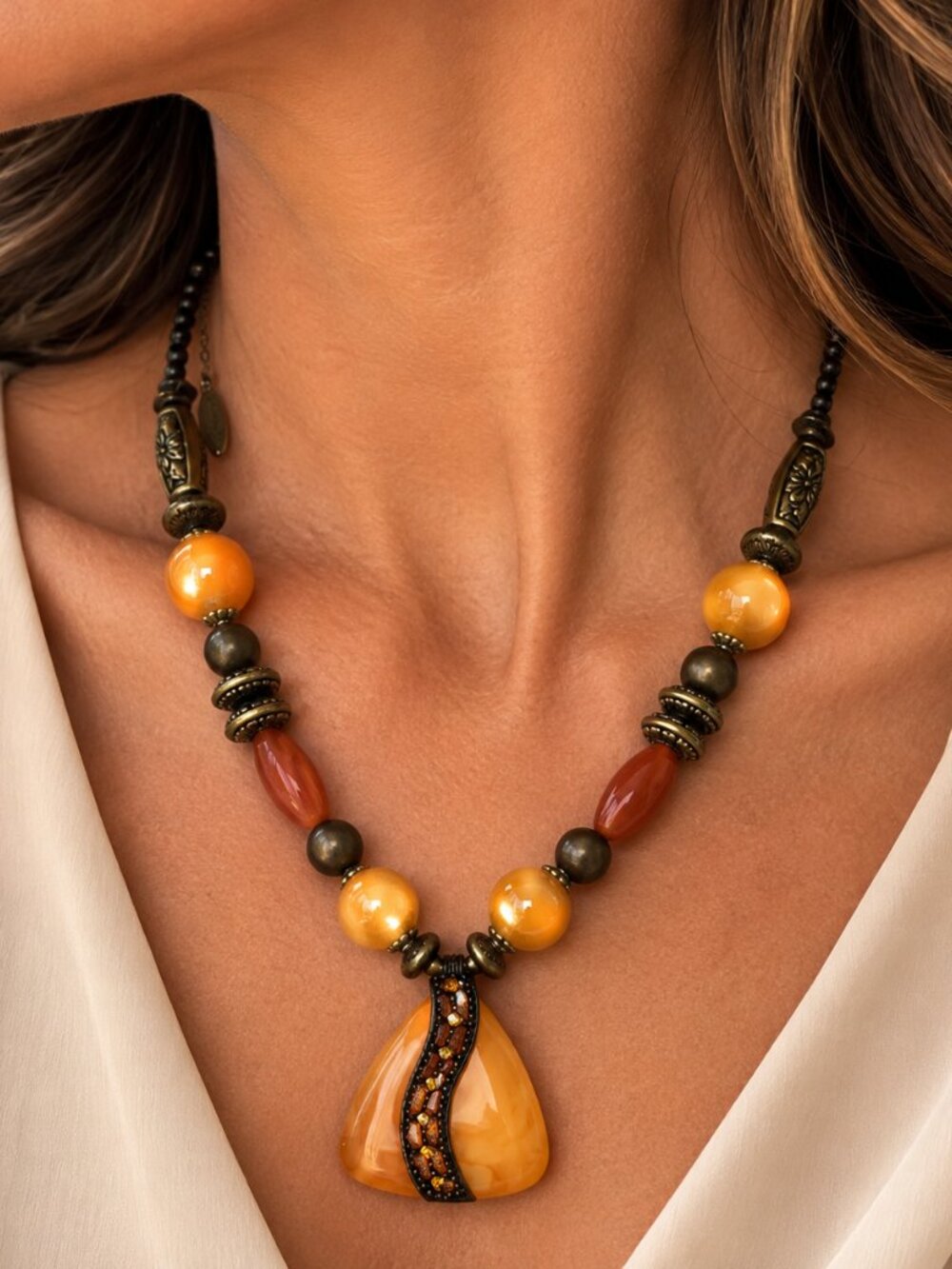 Vintage Butterscotch Amber Glass Statement Necklace Rustic Beads & Ornate Detail